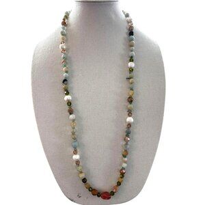 Handmade Gemstone & Freshwater Pearl Beaded Necklace Silver Clasp 36"